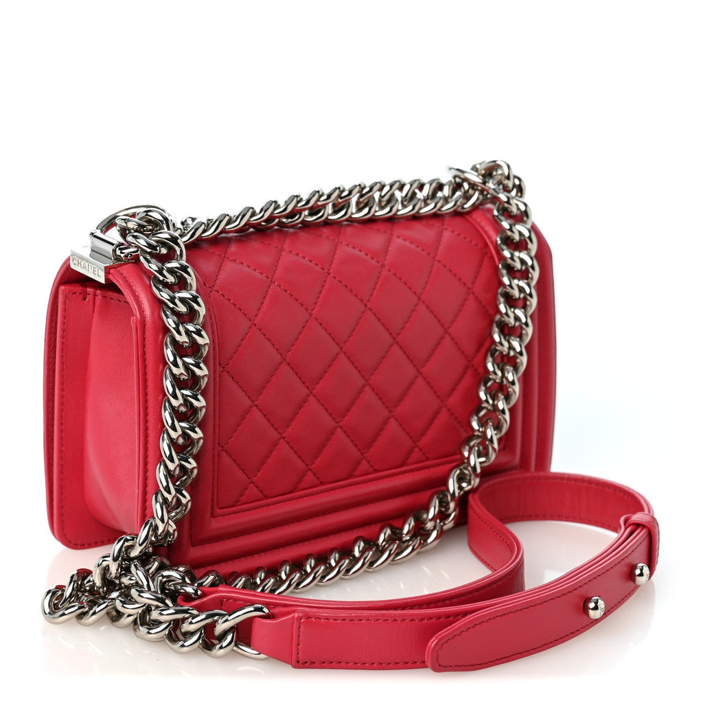 Calfskin Quilted Small Boy Flap  Dark Pink