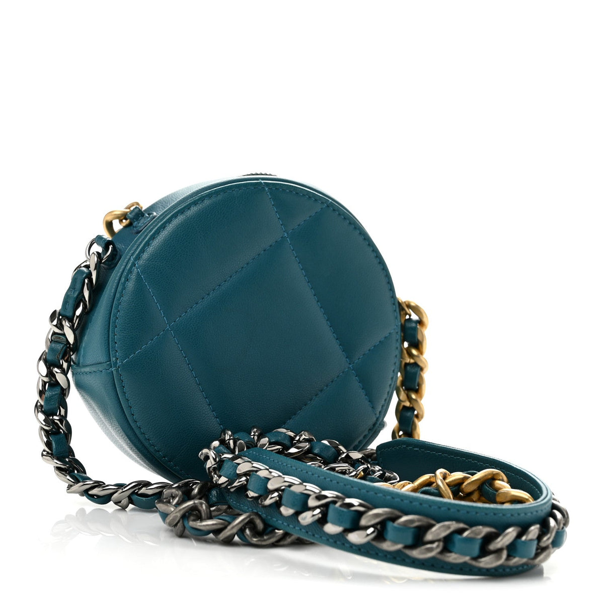 Goatskin Quilted Chanel 19 Round Clutch With Chain Blue