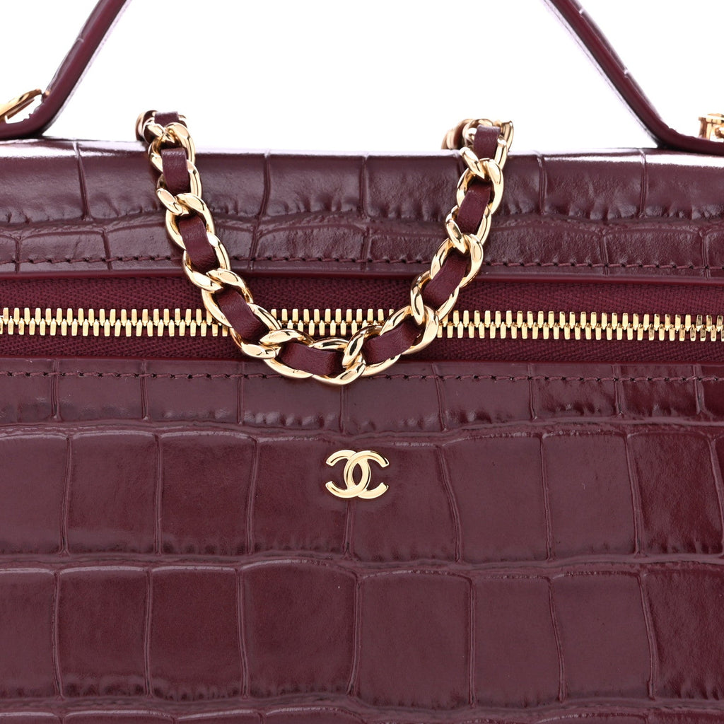 Calfskin Crocodile Embossed Crococo Exoticoco Vanity With Chain Dark Burgundy