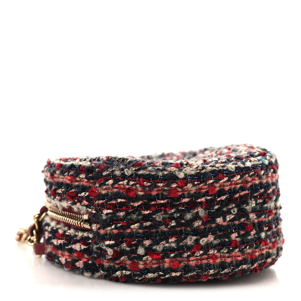 Tweed Quilted Round Clutch With Chain Red