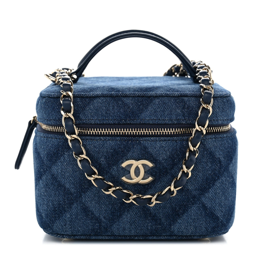 Printed Denim Quilted Mini Top Handle Vanity Case With Chain Dark Blue