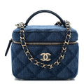 Printed Denim Quilted Mini Top Handle Vanity Case With Chain Dark Blue