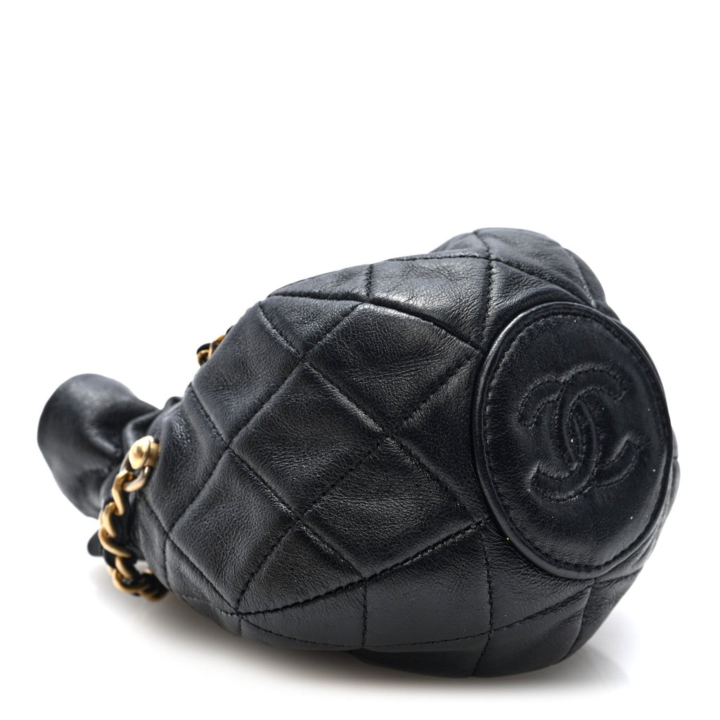 Shiny Lambskin Quilted Mini Drawstring CC Bucket Bag Black
