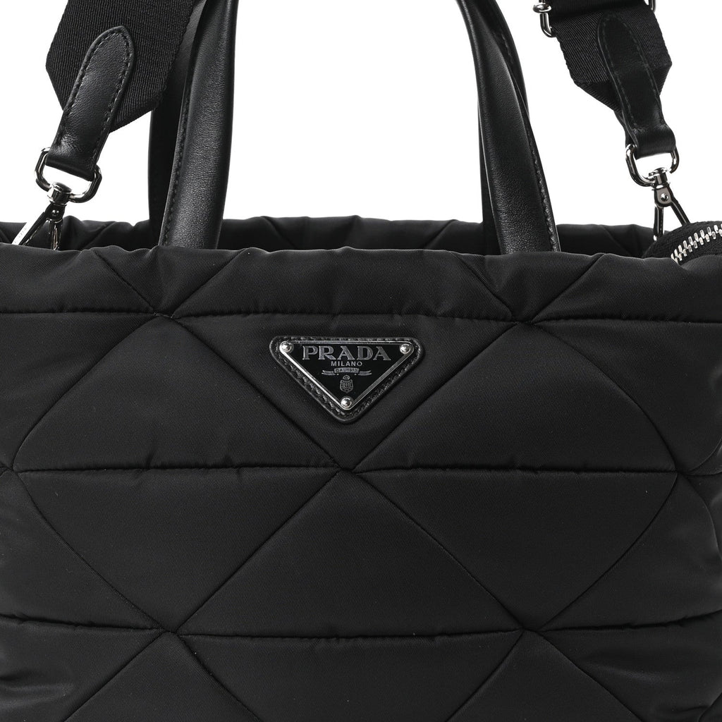 Re-Nylon Nappa Triangle Quilted Padded Double Handled Zip Pocket Tote Black