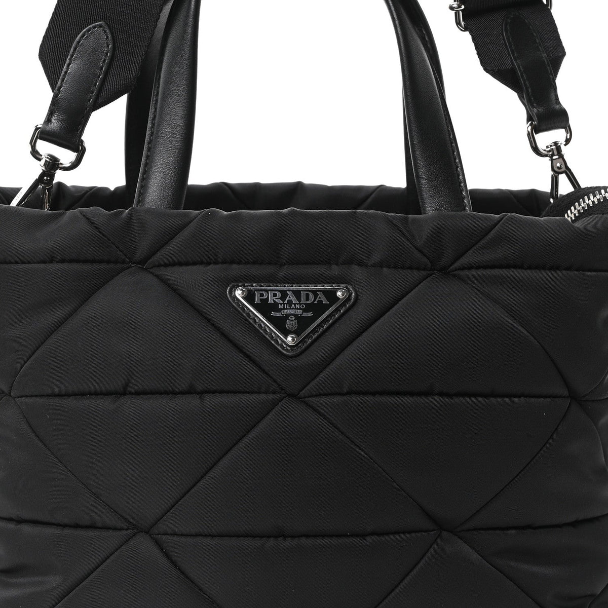 Re-Nylon Nappa Triangle Quilted Padded Double Handled Zip Pocket Tote Black