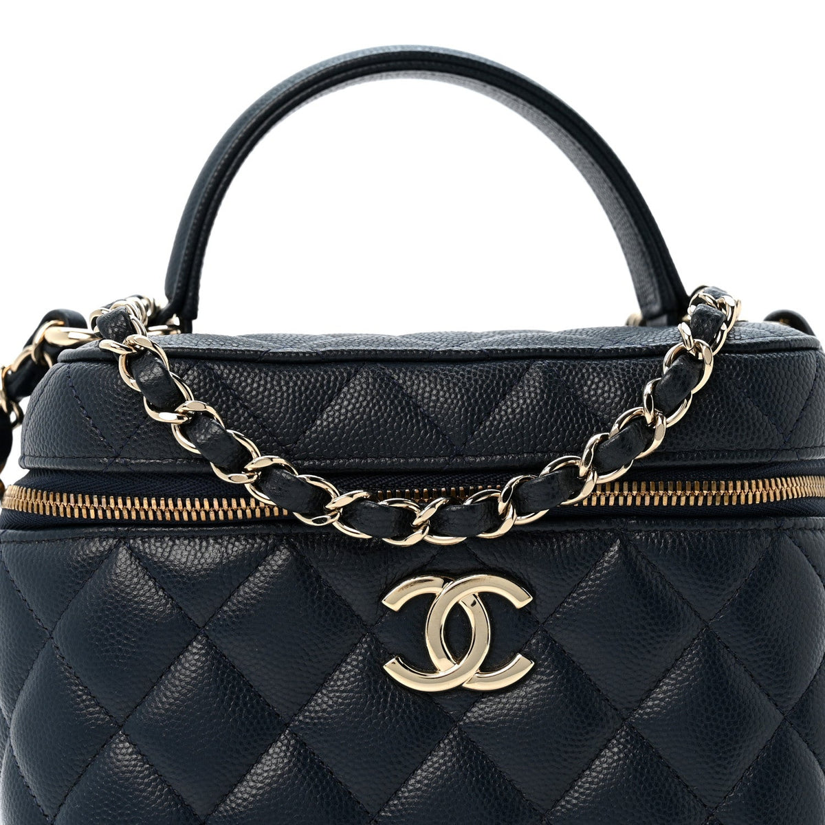 Caviar Quilted Small Top Handle Vanity Case With Chain Navy Blue