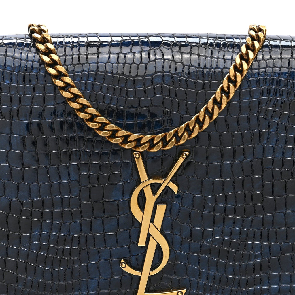 Calfskin Crocodile Embossed Medium Classic Monogram Kate Tassel Satchel Black Blue