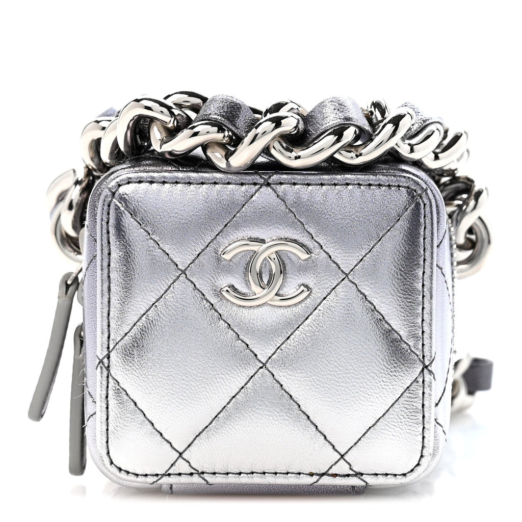 Gradient Metallic Lambskin Quilted Coco Punk Cube Clutch With Chain Silver Black