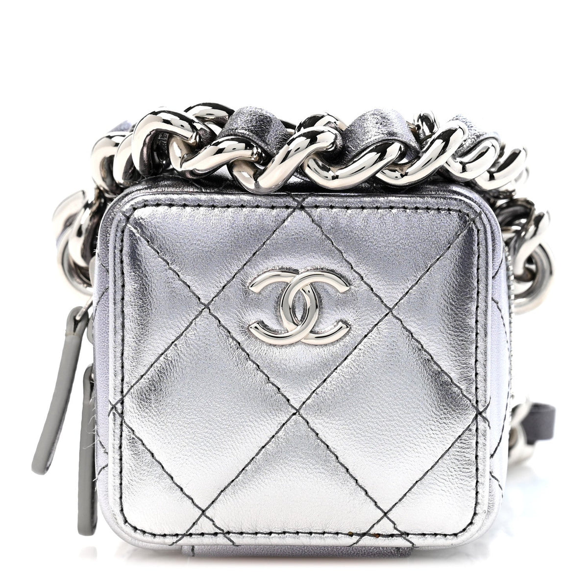 Gradient Metallic Lambskin Quilted Coco Punk Cube Clutch With Chain Silver Black
