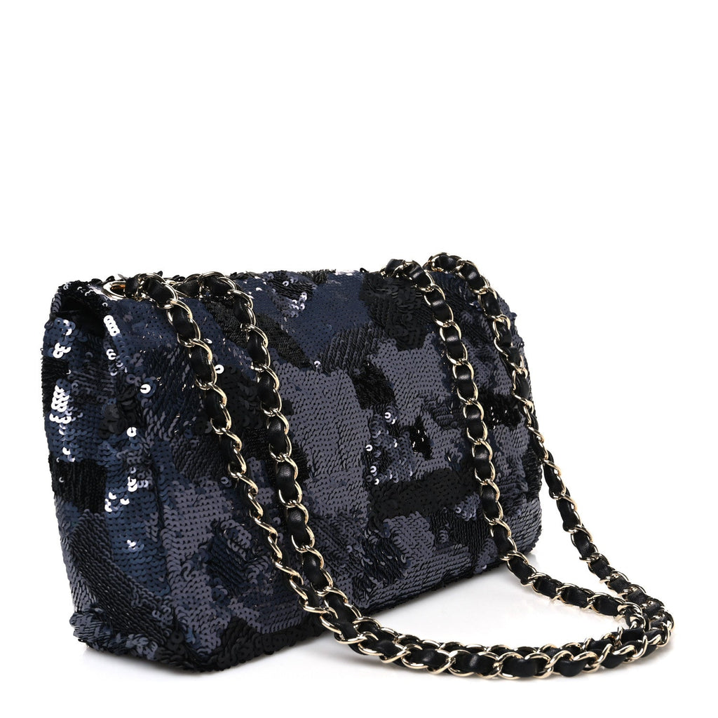 Sequin Quilted Medium Single Flap Black