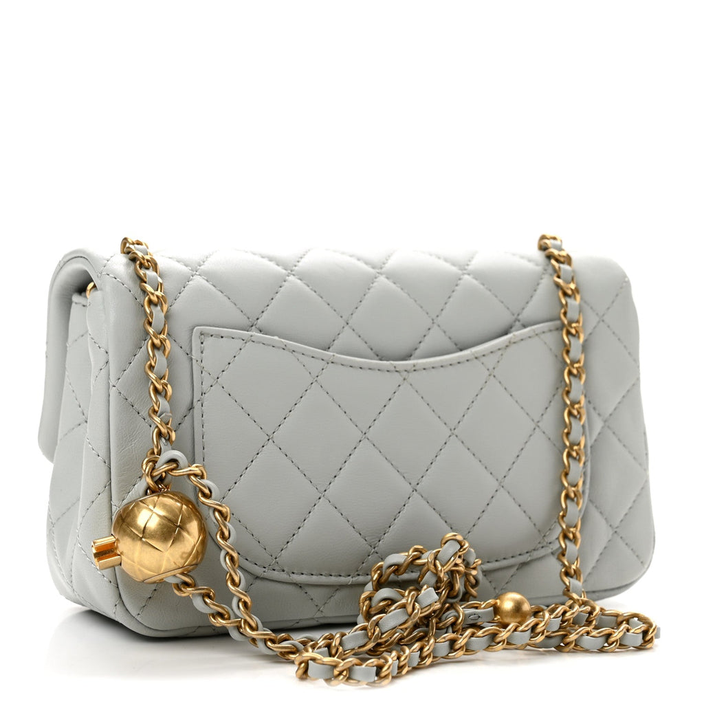 Lambskin Quilted Mini Rectangular Pearl Crush Flap Grey