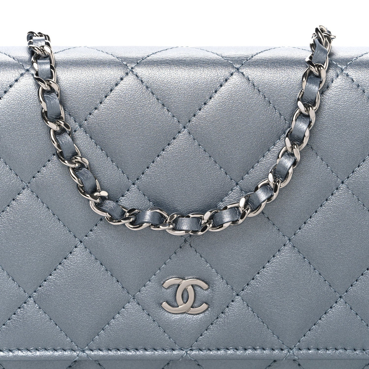 Metallic Lambskin Quilted Wallet On Chain WOC Silver
