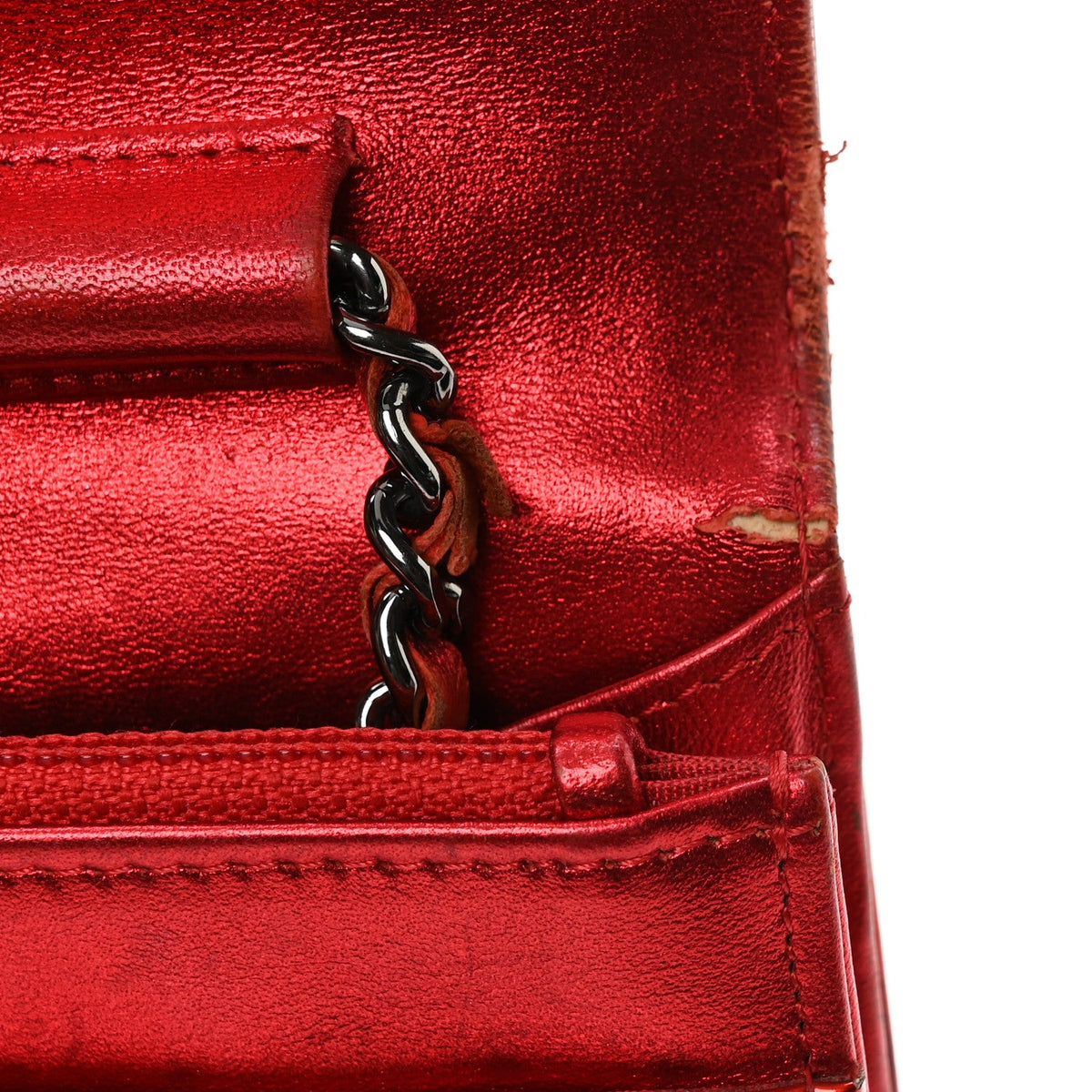 Metallic Patent Calfskin Quilted Boy Wallet On Chain WOC Red