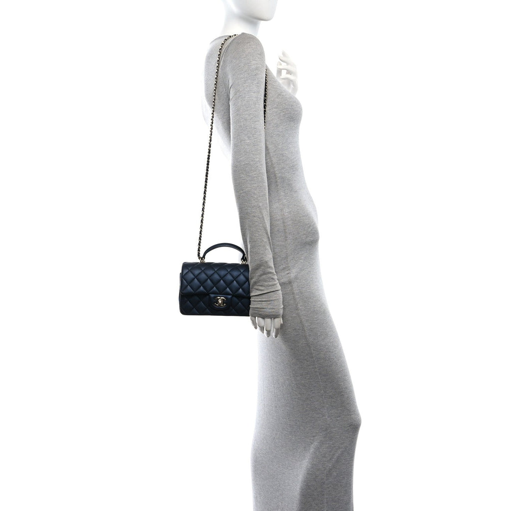 Iridescent Lambskin Quilted Mini Top Handle Rectangular Flap Dark Blue
