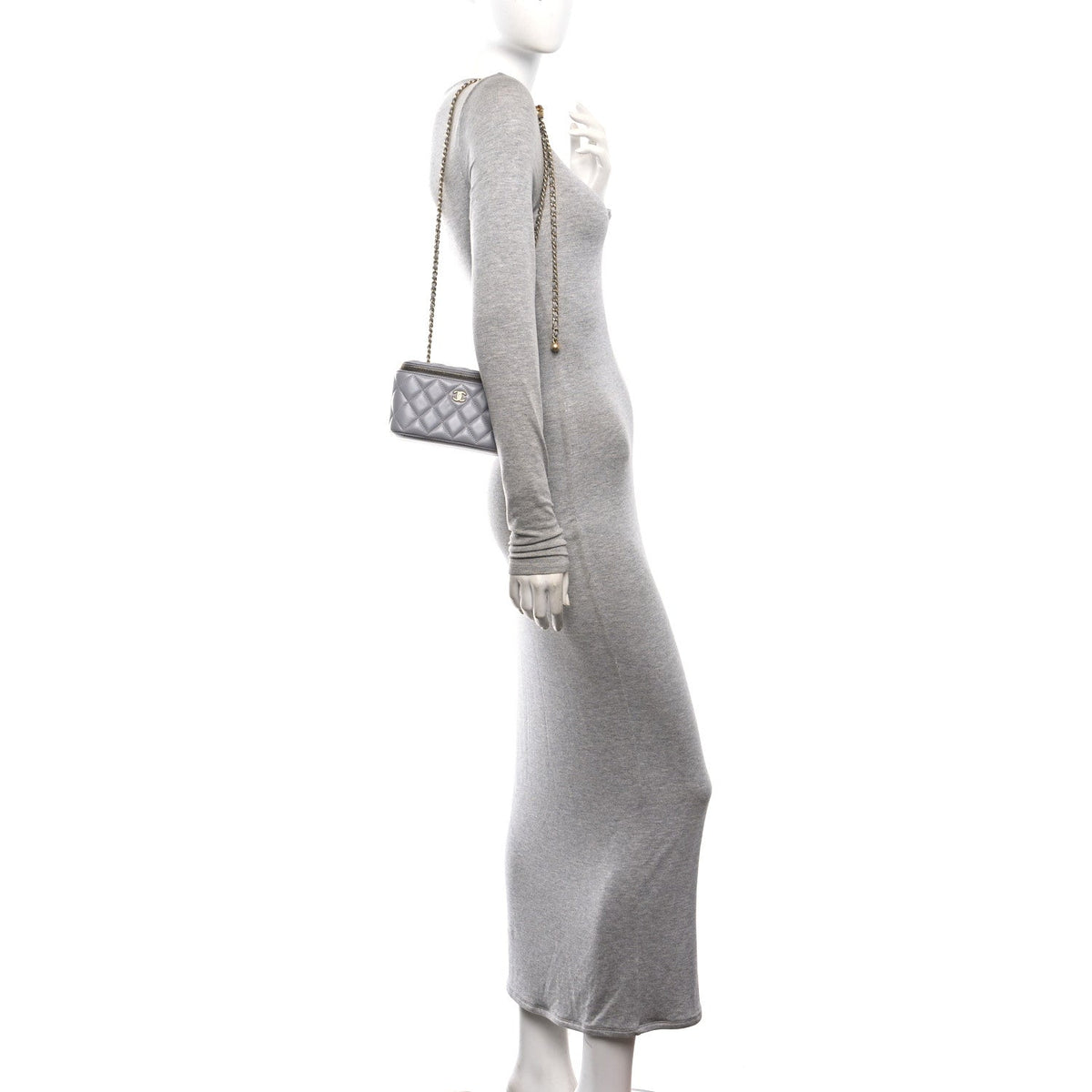 Lambskin Quilted Small Pearl Crush Vanity Case With Chain Grey