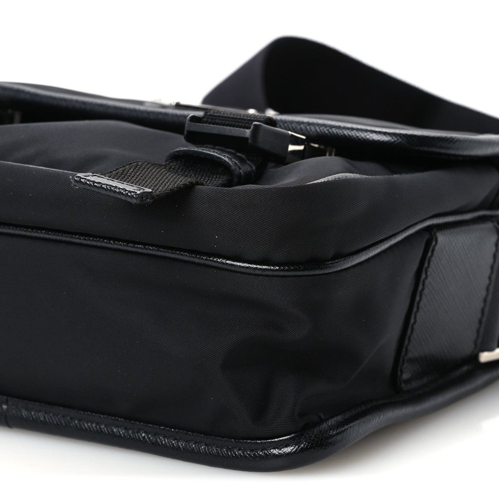 Re-Nylon Saffiano Pocket Double Snap Buckle Shoulder Bag Black