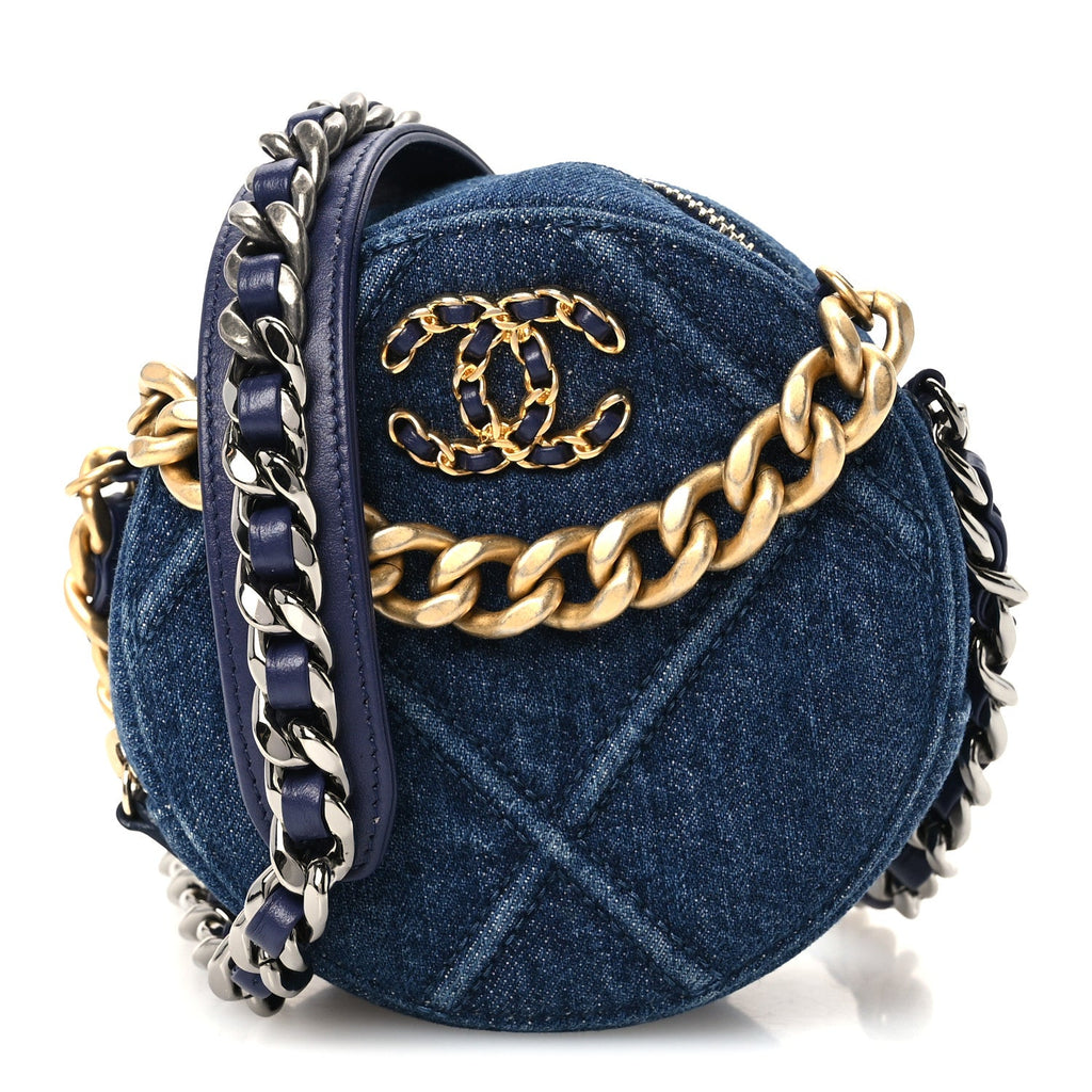 Denim Quilted Chanel 19 Round Clutch With Chain Blue