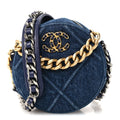 Denim Quilted Chanel 19 Round Clutch With Chain Blue