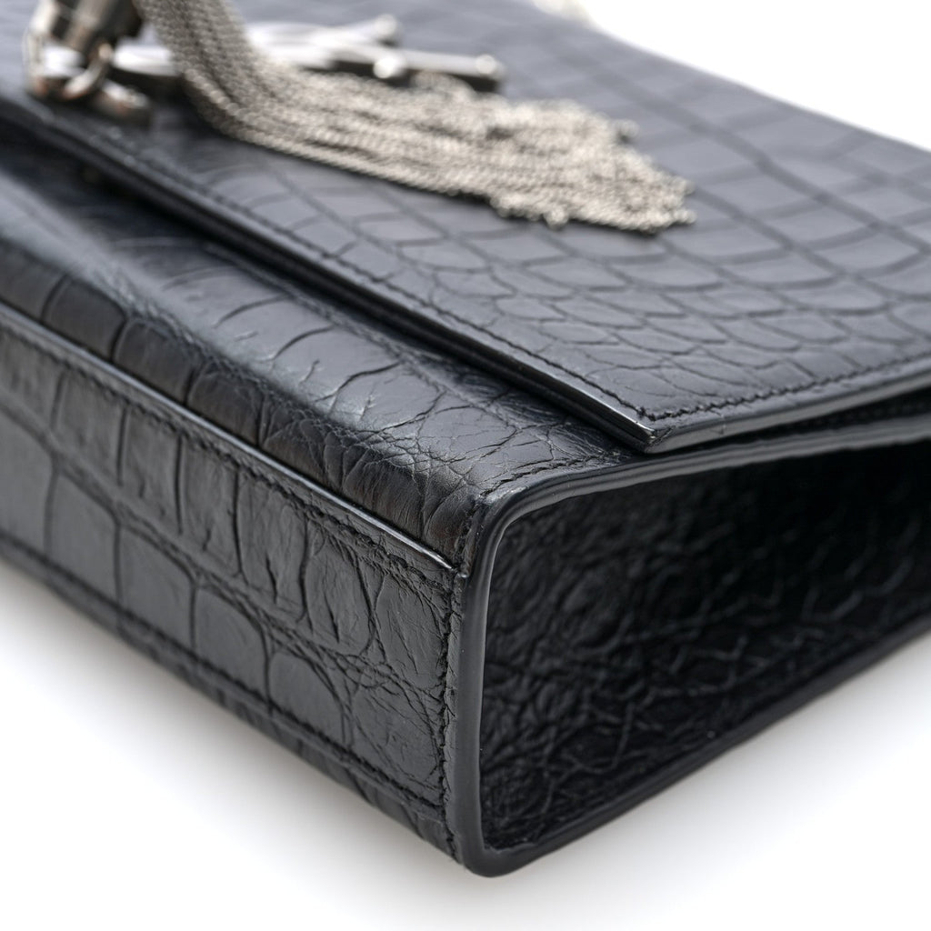 Calfskin Crocodile Embossed Medium Classic Monogram Kate Tassel Satchel Black
