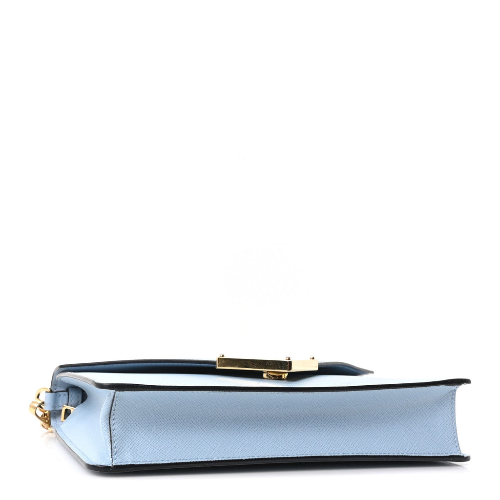 Saffiano Lux Metal Triangle Logo Mini Envelope Chain Shoulder Bag Blue