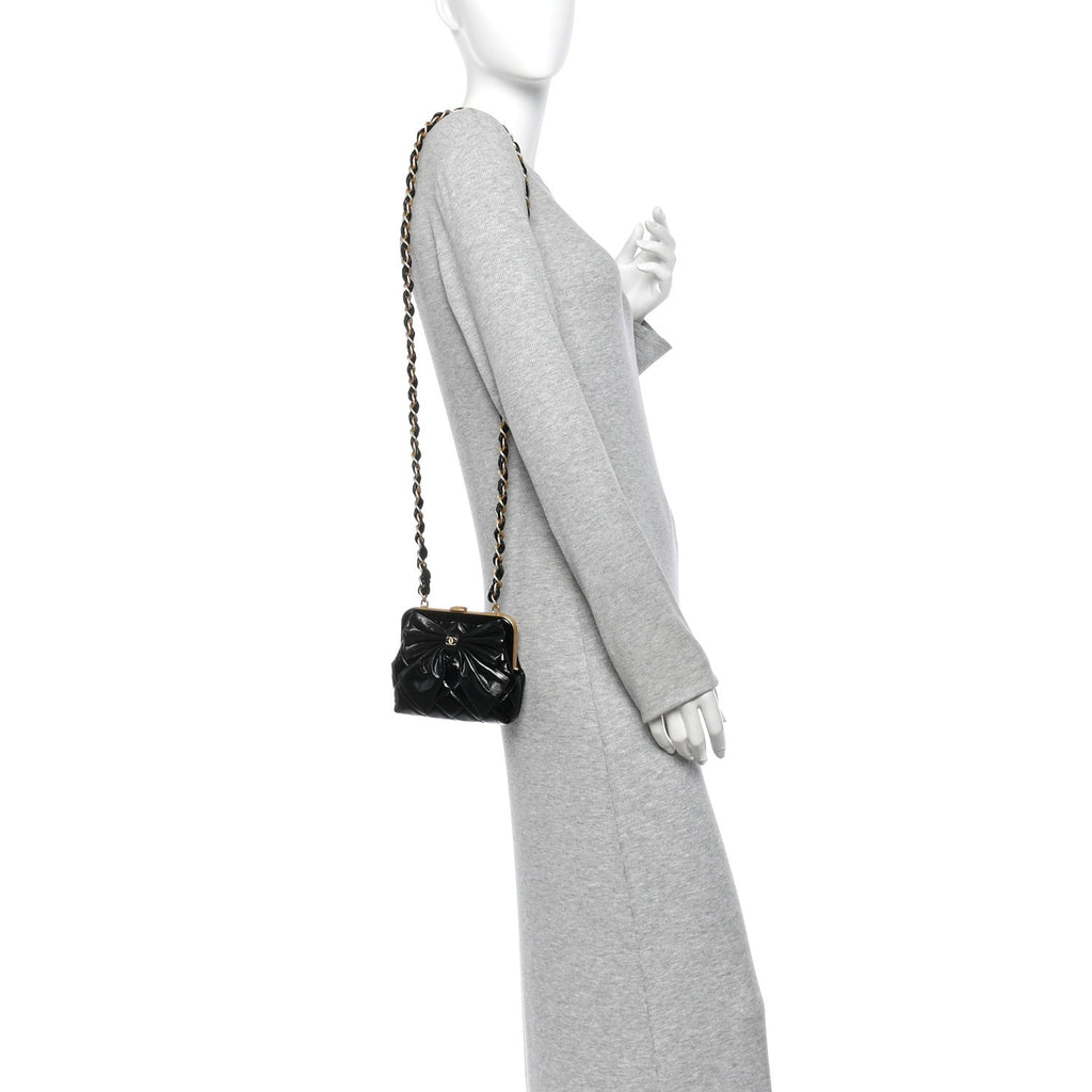 Patent Crumpled Lambskin Quilted Maxi Bow Clutch With Chain Black