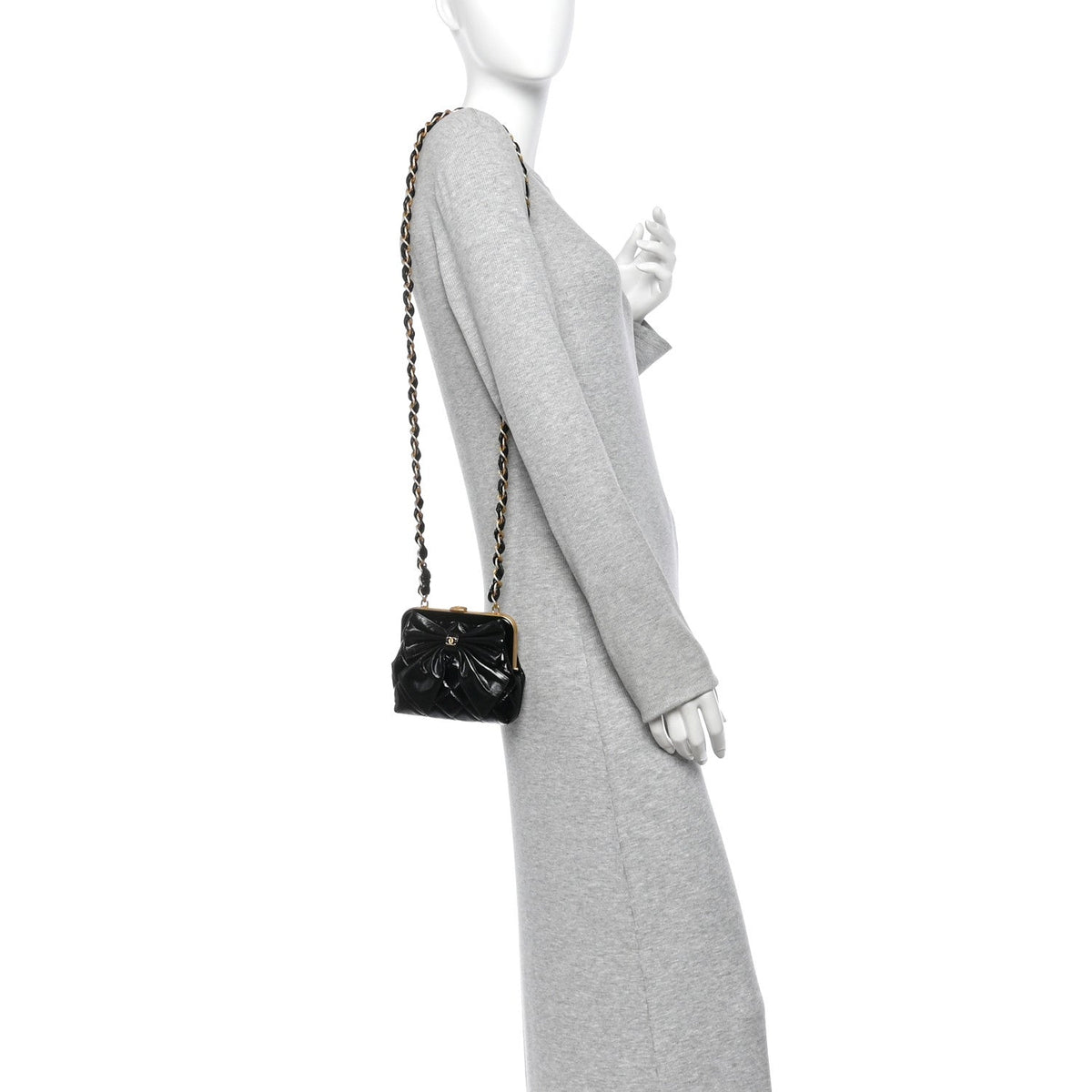 Patent Crumpled Lambskin Quilted Maxi Bow Clutch With Chain Black