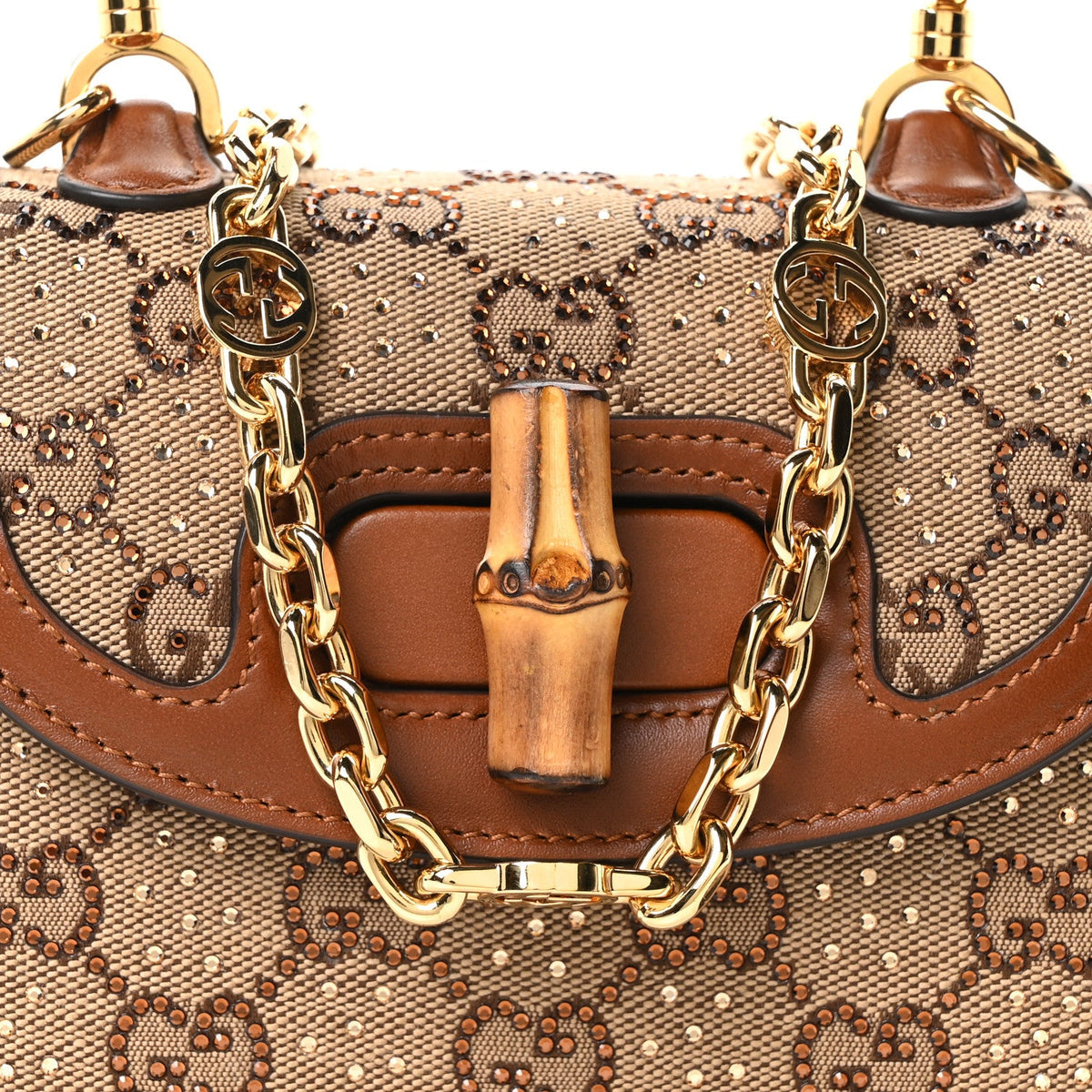 New Canvas Charisma Calfskin Crystal GG Monogram Small Bamboo 1947 Top Handle Bag Camel Ebony