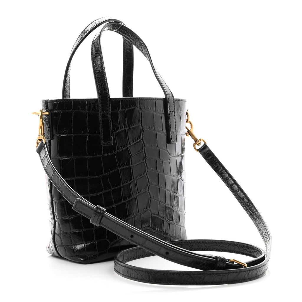 Calfskin Crocodile Embossed Paris Mini Toy Shopper Tote Black