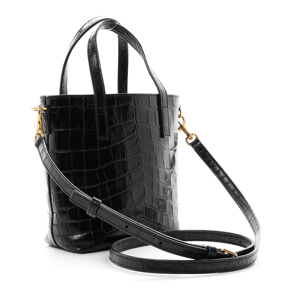 Calfskin Crocodile Embossed Paris Mini Toy Shopper Tote Black