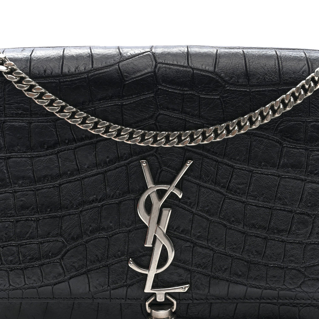 Calfskin Crocodile Embossed Medium Classic Monogram Kate Tassel Satchel Black