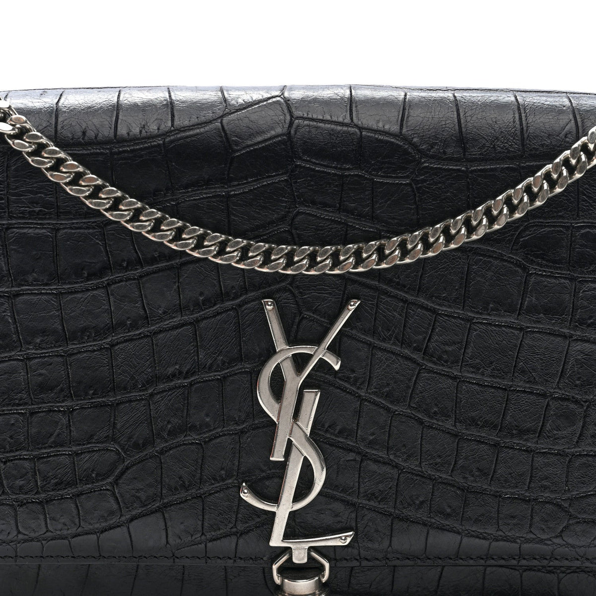 Calfskin Crocodile Embossed Medium Classic Monogram Kate Tassel Satchel Black