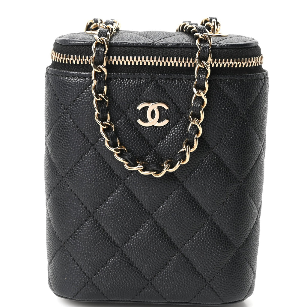 Caviar Quilted Small Vertical Coco Beauty Vanity Case With Chain Black