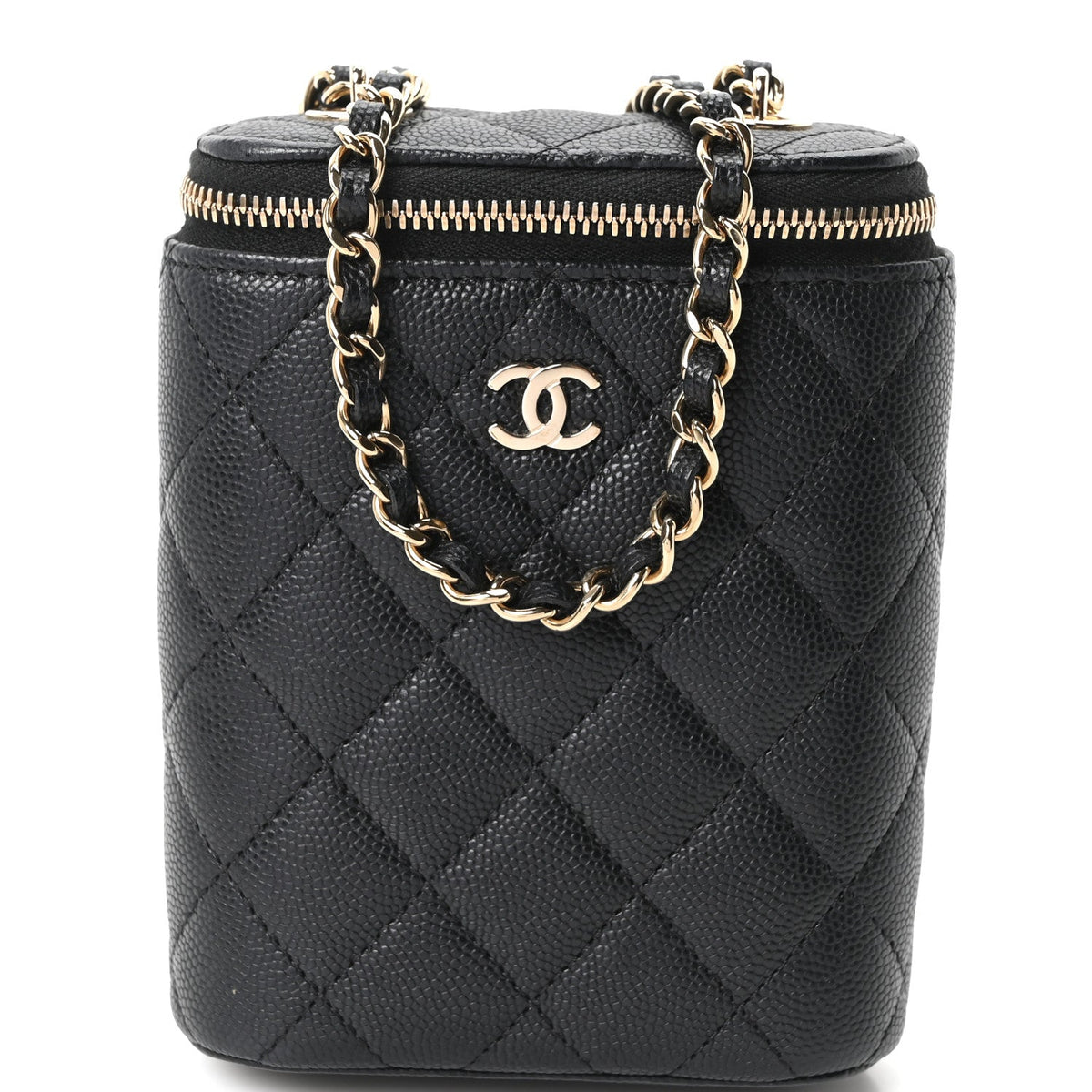 Caviar Quilted Small Vertical Coco Beauty Vanity Case With Chain Black