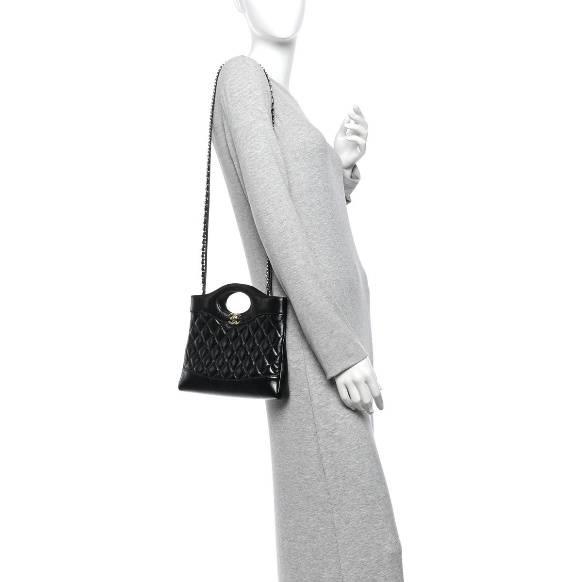 Shiny Crumpled Calfskin Quilted Mini 31 Shopping Bag Black