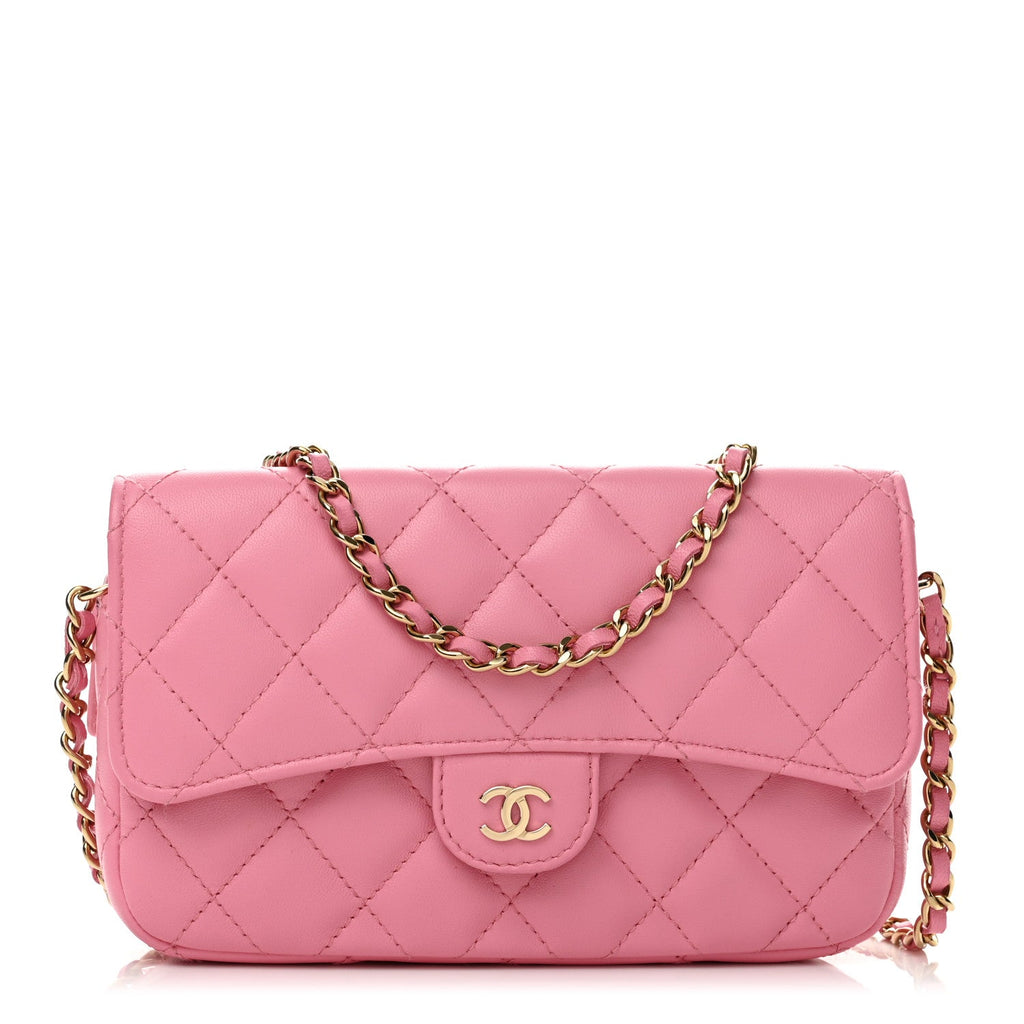 Lambskin Quilted Flap Phone Holder With Chain Pink