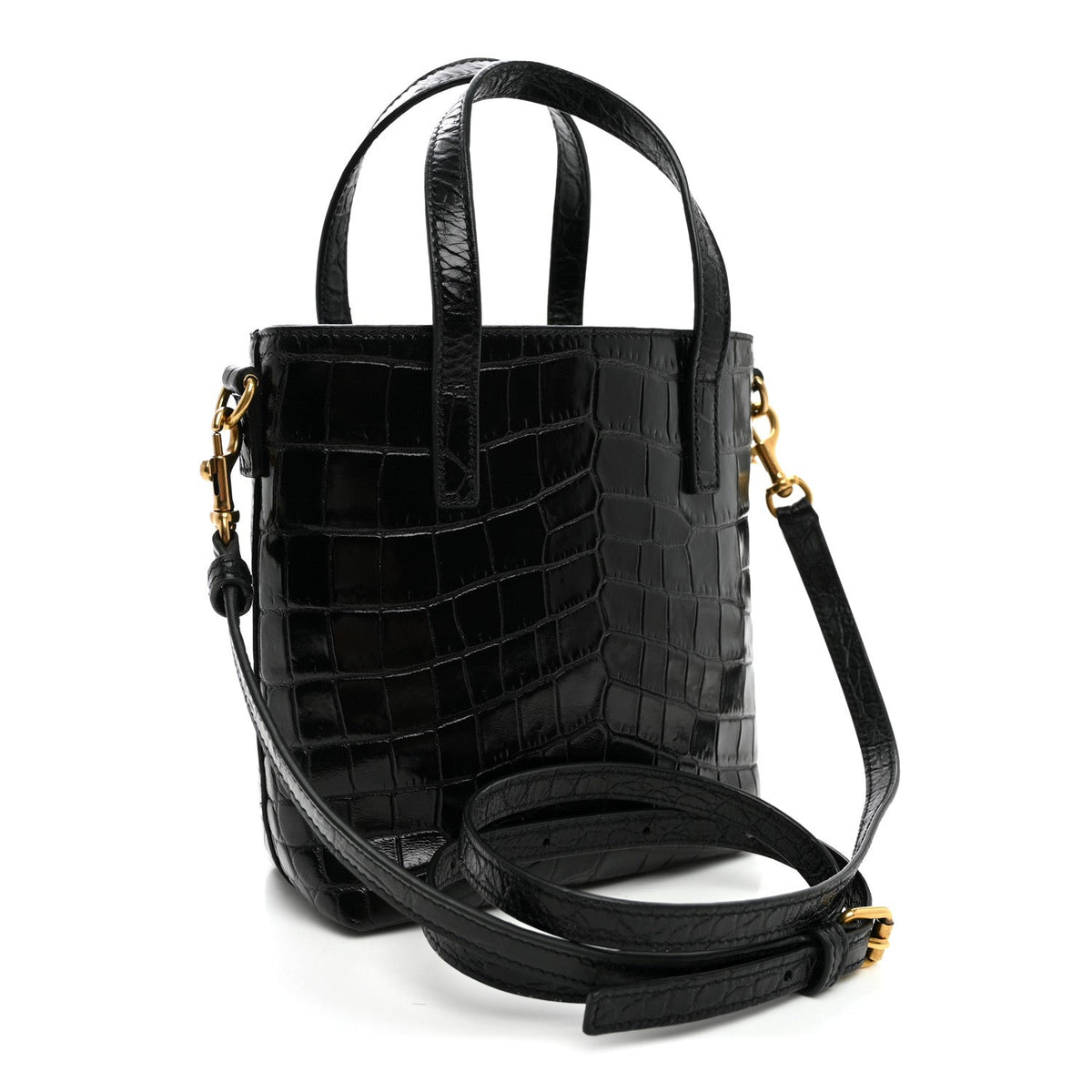 Calfskin Crocodile Embossed Paris Mini Toy Shopper Tote Black