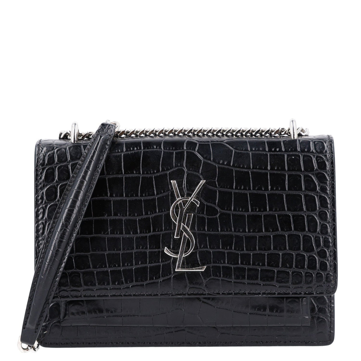 Calfskin Crocodile Embossed Monogram Sunset Chain Wallet Black