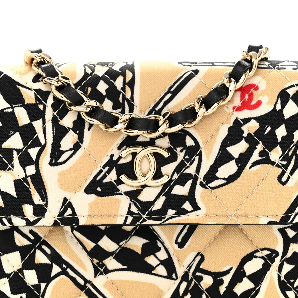 Canvas Check Flag Printed CC Clutch With Chain Beige Multicolor