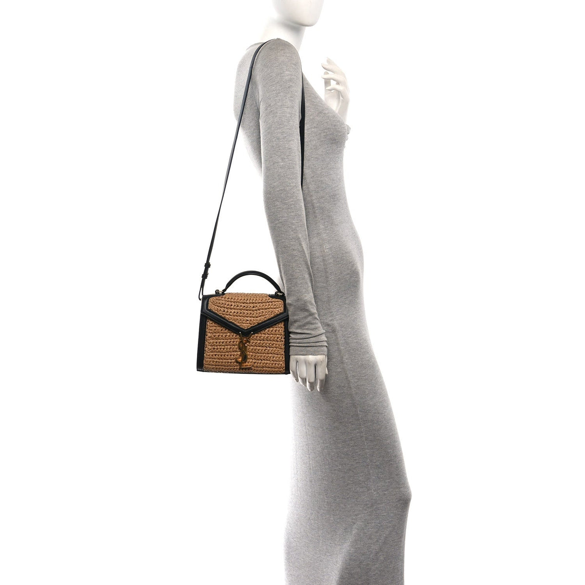 Raffia Calfskin Mini Classic Monogram Cassandra Top Handle Black Natural