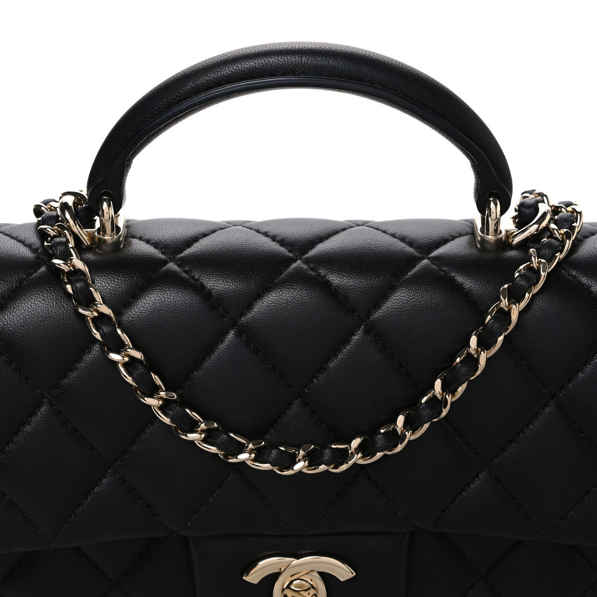 Lambskin Quilted Top Handle East West Flap Black