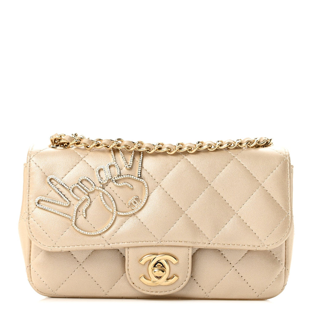 Metallic Lambskin Quilted Extra Mini V For Victory Flap Light Gold