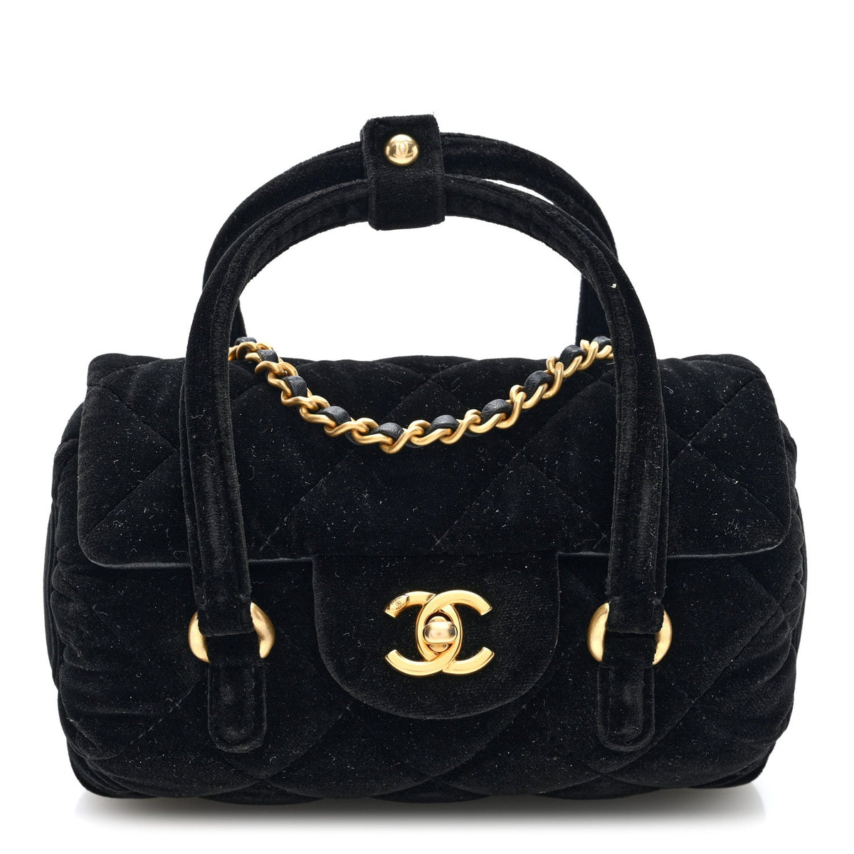 Velvet Quilted Mini Top Handle Flap Black