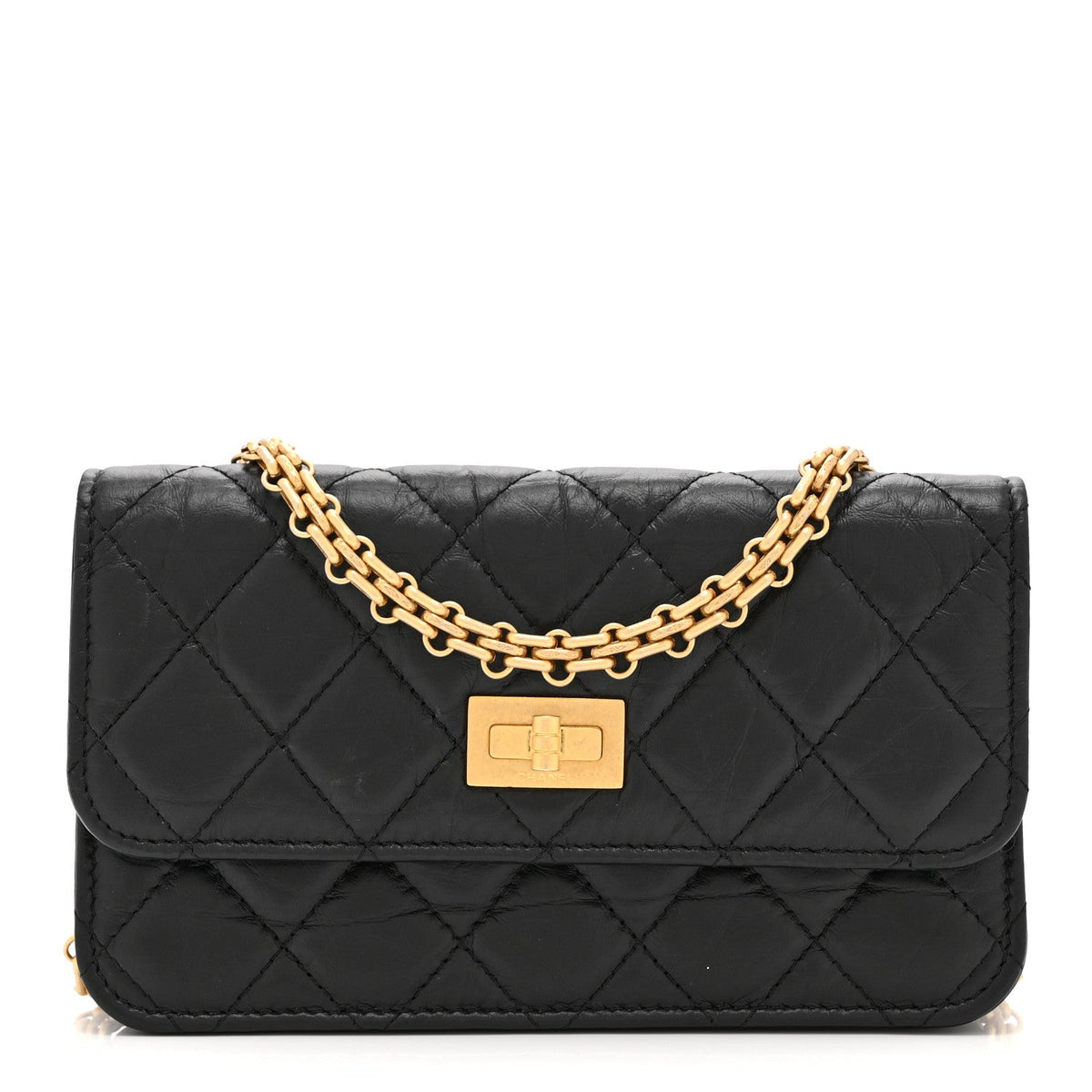 Aged Calfskin Quilted Reissue Flap Phone Holder With Chain Black