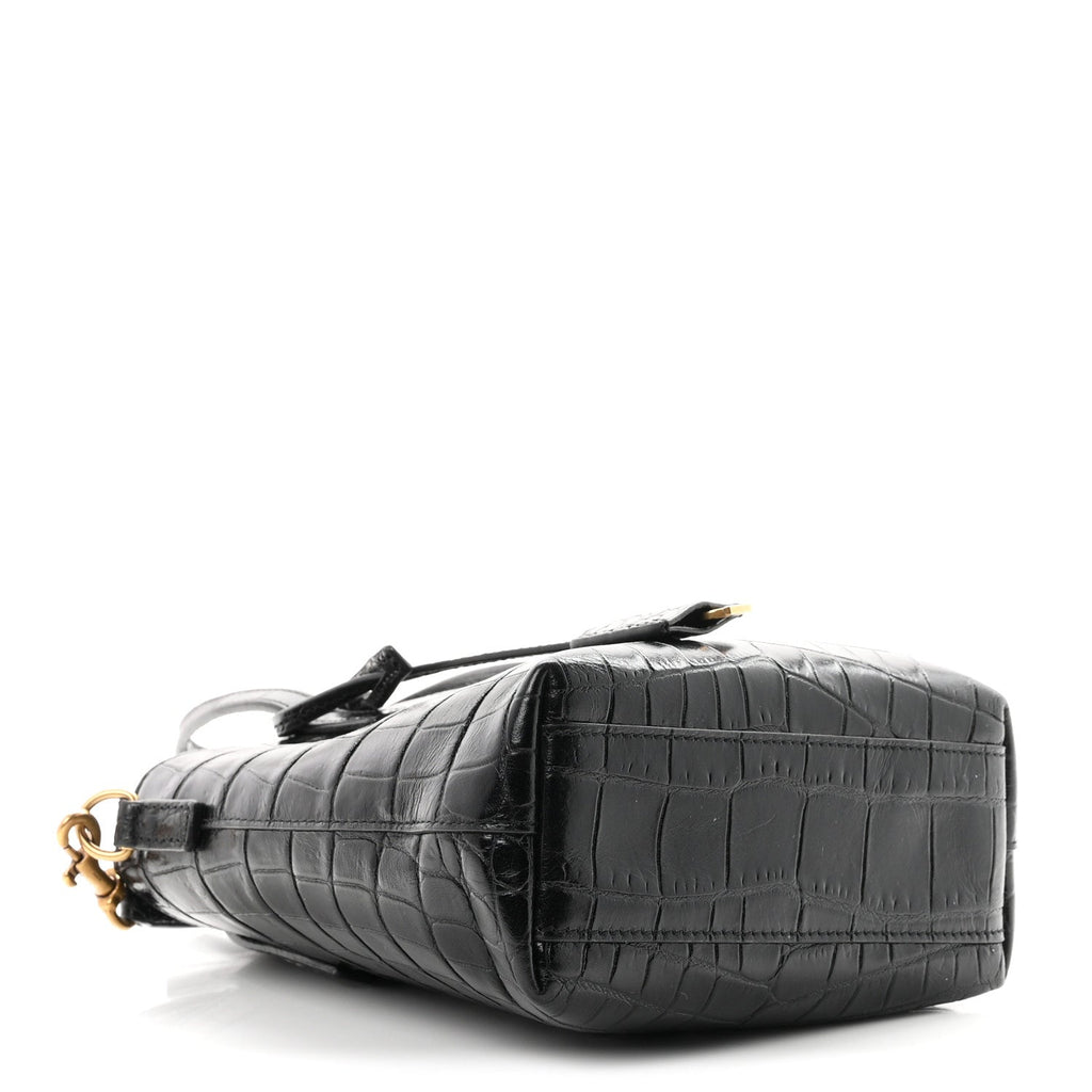 Calfskin Crocodile Embossed Paris Mini Toy Shopper Tote Black