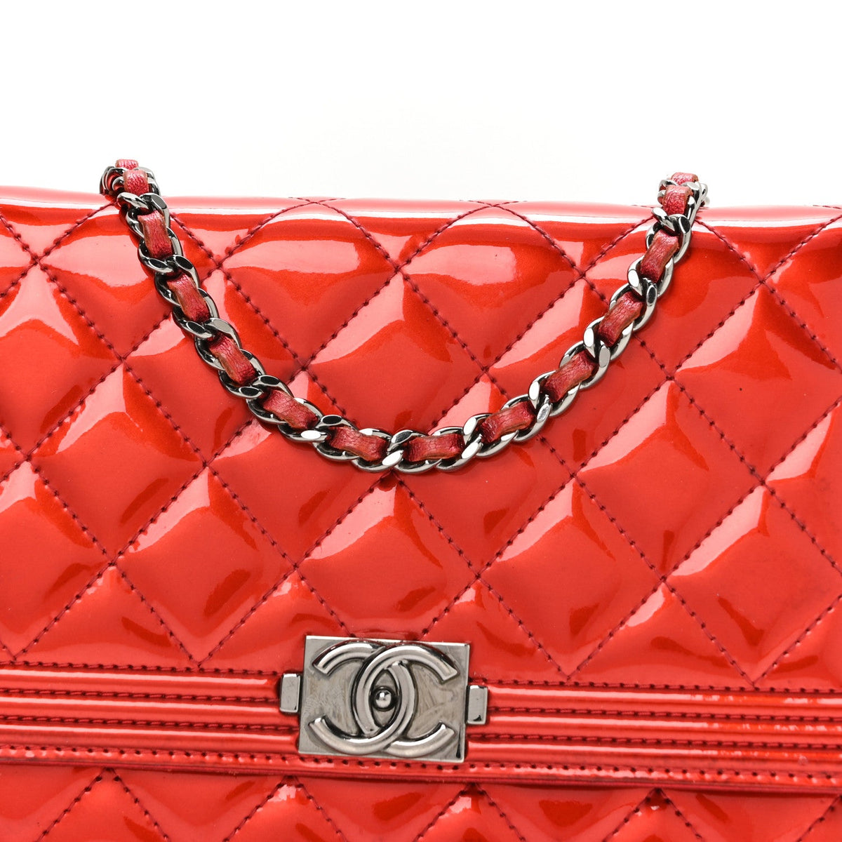 Metallic Patent Calfskin Quilted Boy Wallet On Chain WOC Red
