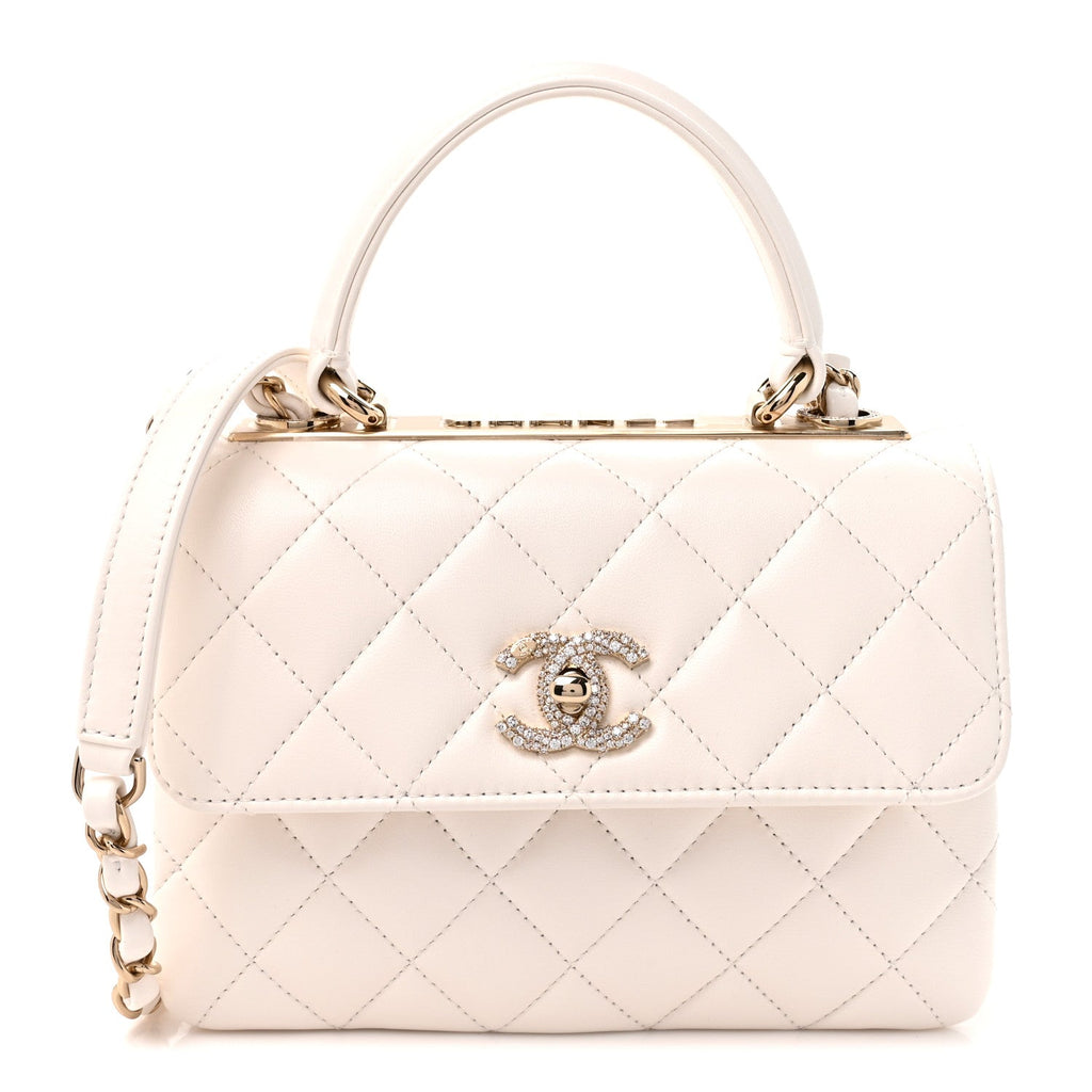 Lambskin Crystal Quilted Mini Trendy CC Dual Handle Flap Bag White