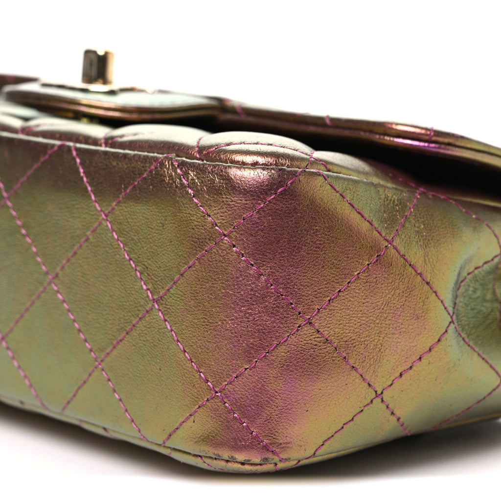 Iridescent Lambskin Quilted Mini Rectangular Flap Purple