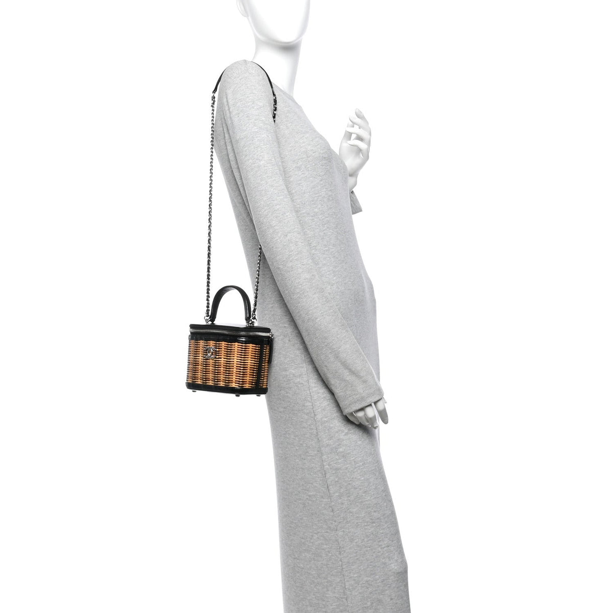 Calfskin Raffia Small Vanity Case Bag Black Beige