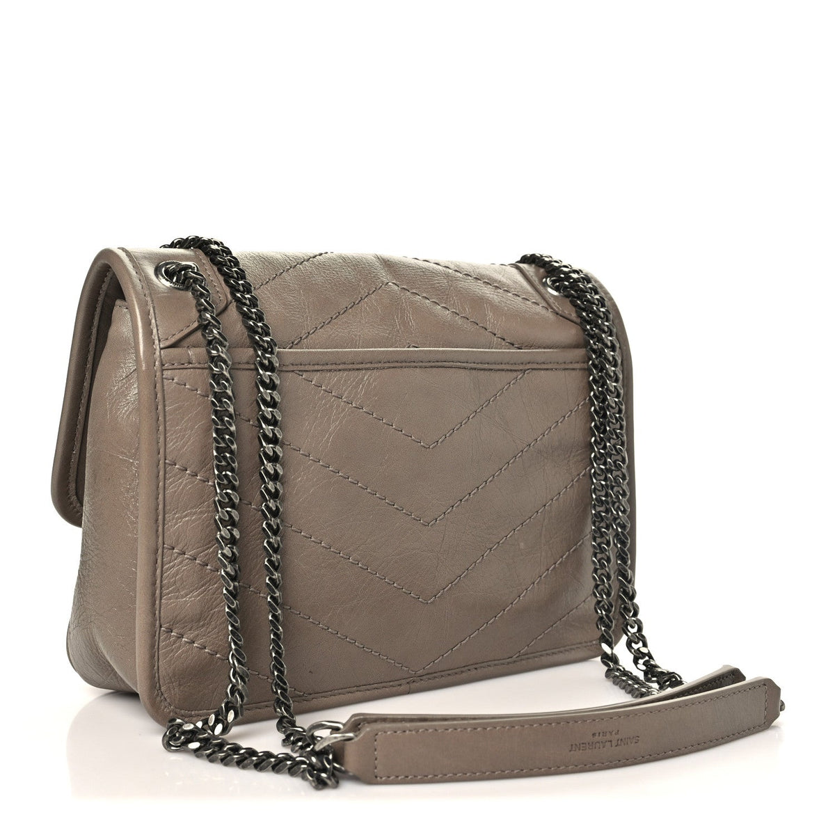 Crinkled Calfskin Matelasse Monogram Baby Niki Chain Satchel Greyish Brown
