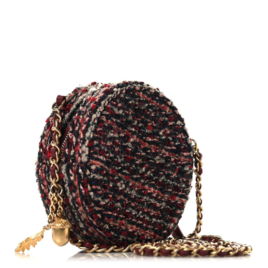 Tweed Quilted Round Clutch With Chain Red